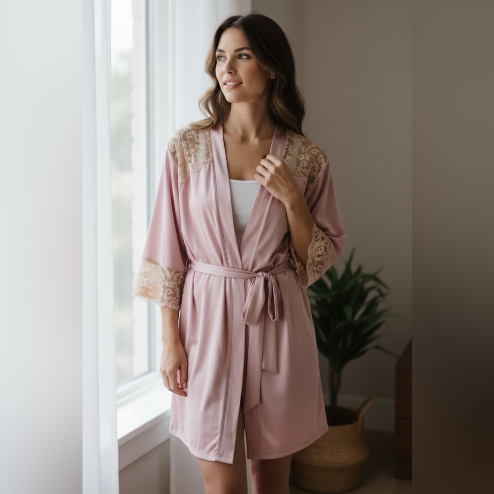 Vintage Lorraine Lingerie Pink Nylon Lace Trim Kimono Robe Feminine Coquette